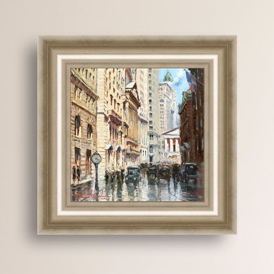 A canvas print depicting a vibrant street scene in New York City with a focus on a stock exchange building