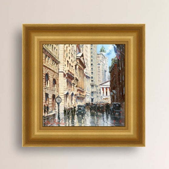 A canvas print depicting a vibrant street scene in New York City with a focus on a stock exchange building