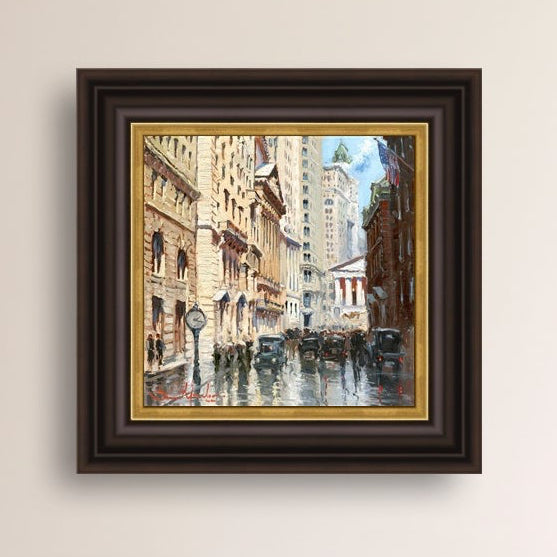 A canvas print depicting a vibrant street scene in New York City with a focus on a stock exchange building