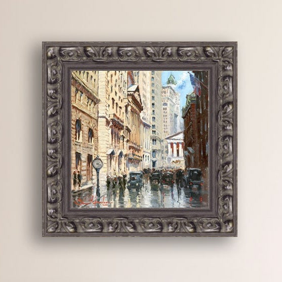A canvas print depicting a vibrant street scene in New York City with a focus on a stock exchange building