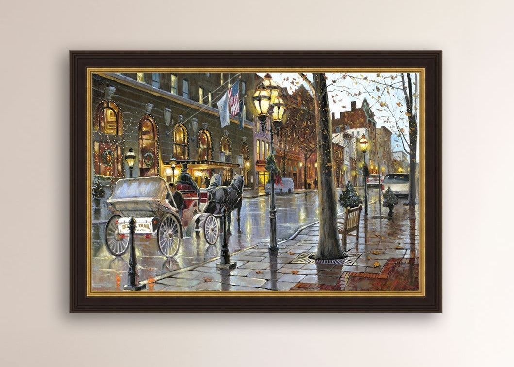 A canvas print depicting a Christmas scene with a horse-drawn carriage on a wet main street in Bethlehem with stores and Christmas lights in the background.