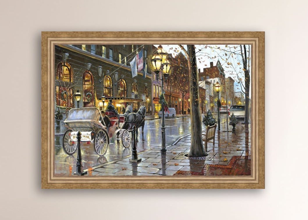 A canvas print depicting a Christmas scene with a horse-drawn carriage on a wet main street in Bethlehem with stores and Christmas lights in the background.