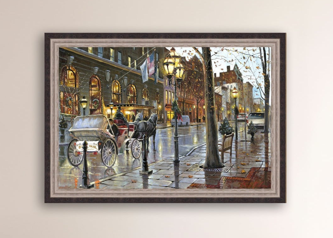 A canvas print depicting a Christmas scene with a horse-drawn carriage on a wet main street in Bethlehem with stores and Christmas lights in the background.
