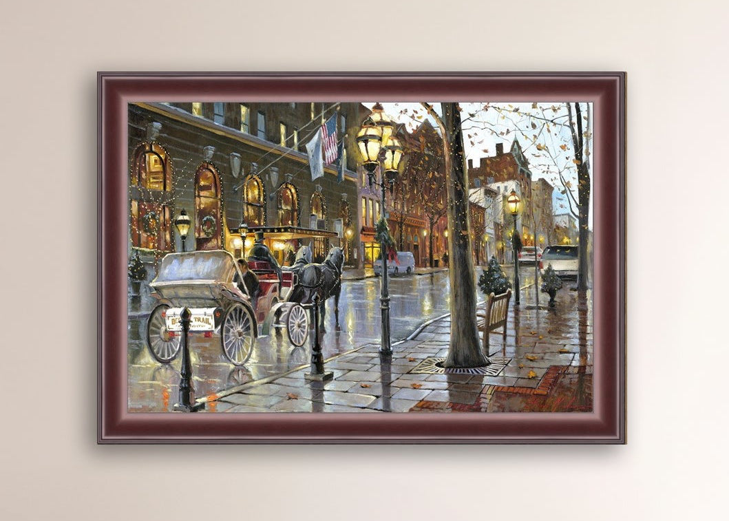A canvas print depicting a Christmas scene with a horse-drawn carriage on a wet main street in Bethlehem with stores and Christmas lights in the background.