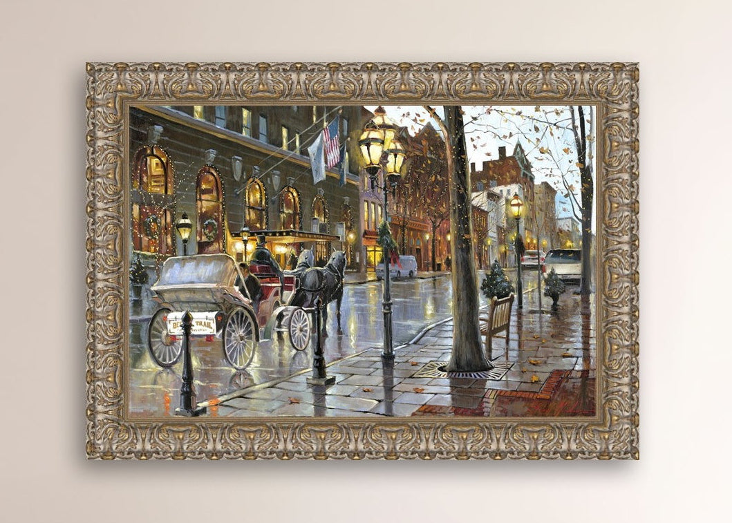 A canvas print depicting a Christmas scene with a horse-drawn carriage on a wet main street in Bethlehem with stores and Christmas lights in the background.