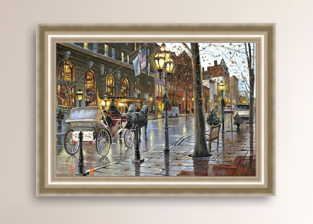 A canvas print depicting a Christmas scene with a horse-drawn carriage on a wet main street in Bethlehem with stores and Christmas lights in the background.