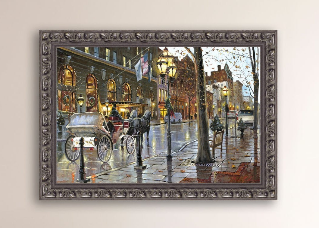 A canvas print depicting a Christmas scene with a horse-drawn carriage on a wet main street in Bethlehem with stores and Christmas lights in the background.