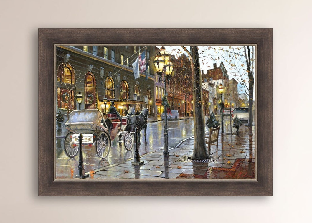 A canvas print depicting a Christmas scene with a horse-drawn carriage on a wet main street in Bethlehem with stores and Christmas lights in the background.