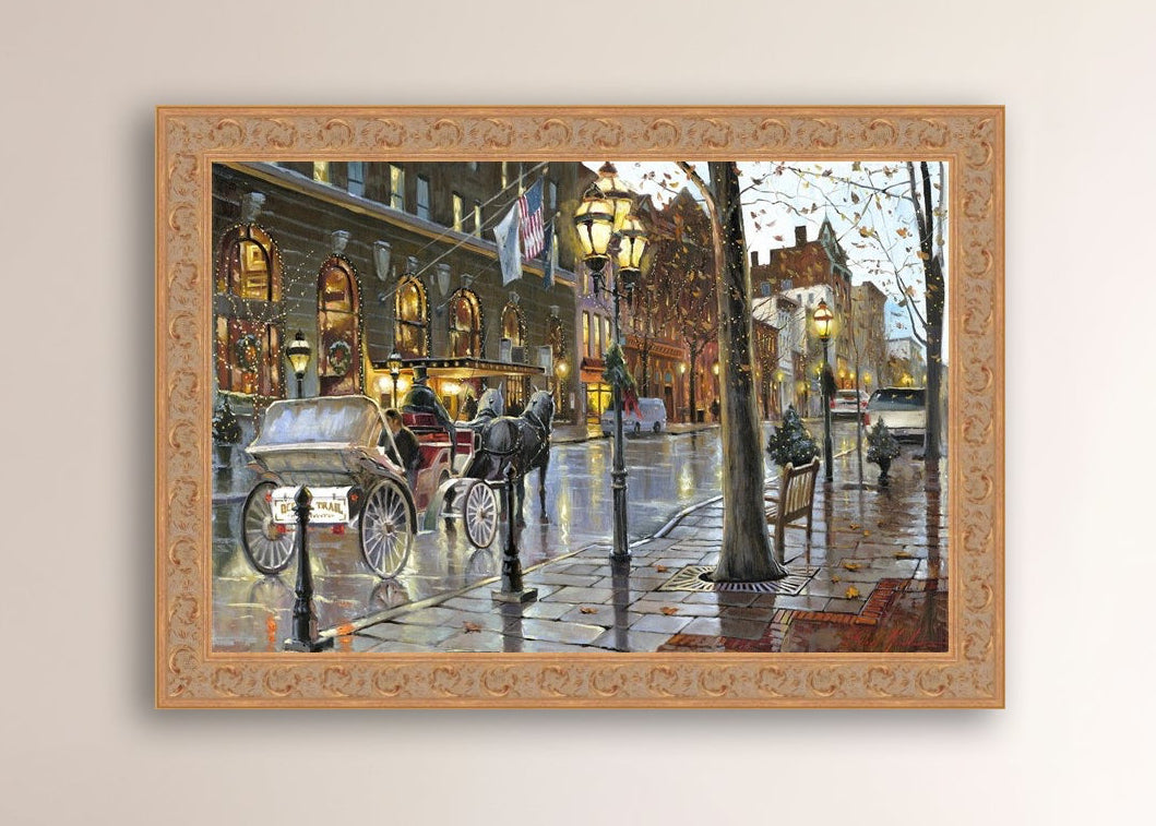 A canvas print depicting a Christmas scene with a horse-drawn carriage on a wet main street in Bethlehem with stores and Christmas lights in the background.