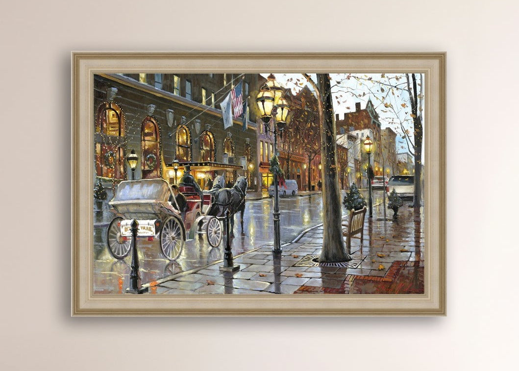 A canvas print depicting a Christmas scene with a horse-drawn carriage on a wet main street in Bethlehem with stores and Christmas lights in the background.