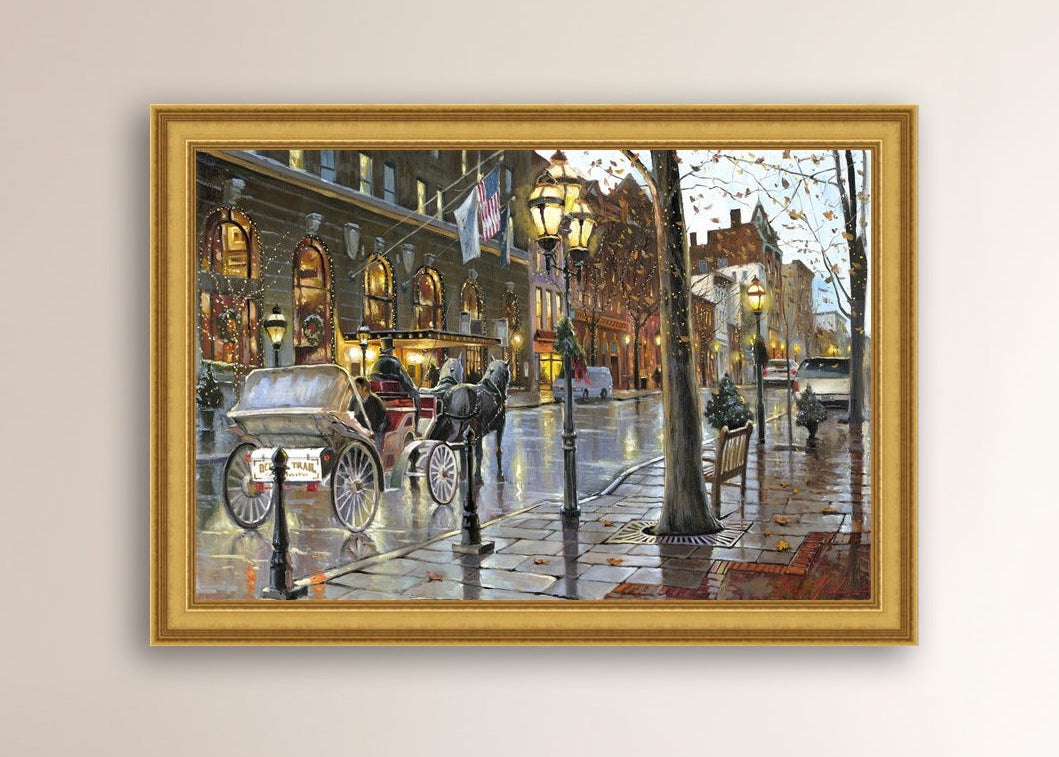 A canvas print depicting a Christmas scene with a horse-drawn carriage on a wet main street in Bethlehem with stores and Christmas lights in the background.