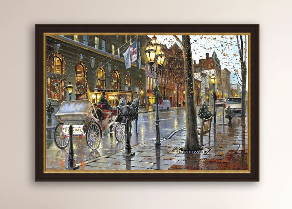 A canvas print depicting a Christmas scene with a horse-drawn carriage on a wet main street in Bethlehem with stores and Christmas lights in the background.