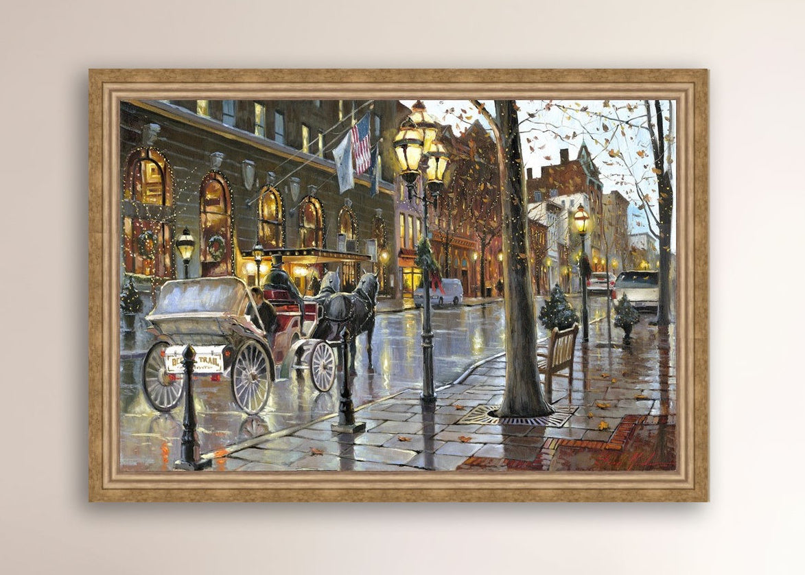 A canvas print depicting a Christmas scene with a horse-drawn carriage on a wet main street in Bethlehem with stores and Christmas lights in the background.