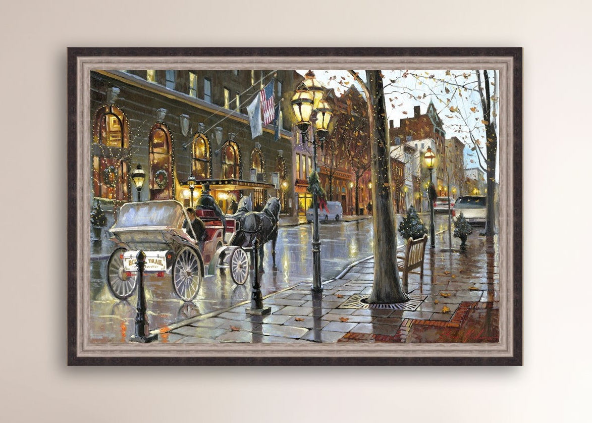 A canvas print depicting a Christmas scene with a horse-drawn carriage on a wet main street in Bethlehem with stores and Christmas lights in the background.