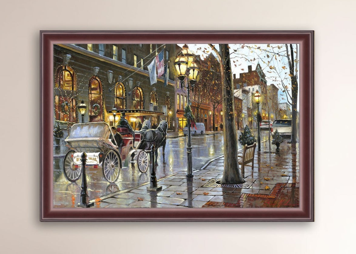 A canvas print depicting a Christmas scene with a horse-drawn carriage on a wet main street in Bethlehem with stores and Christmas lights in the background.