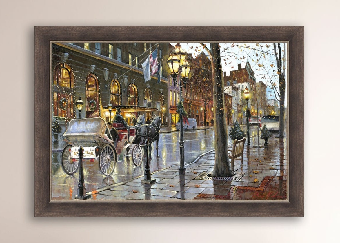 A canvas print depicting a Christmas scene with a horse-drawn carriage on a wet main street in Bethlehem with stores and Christmas lights in the background.