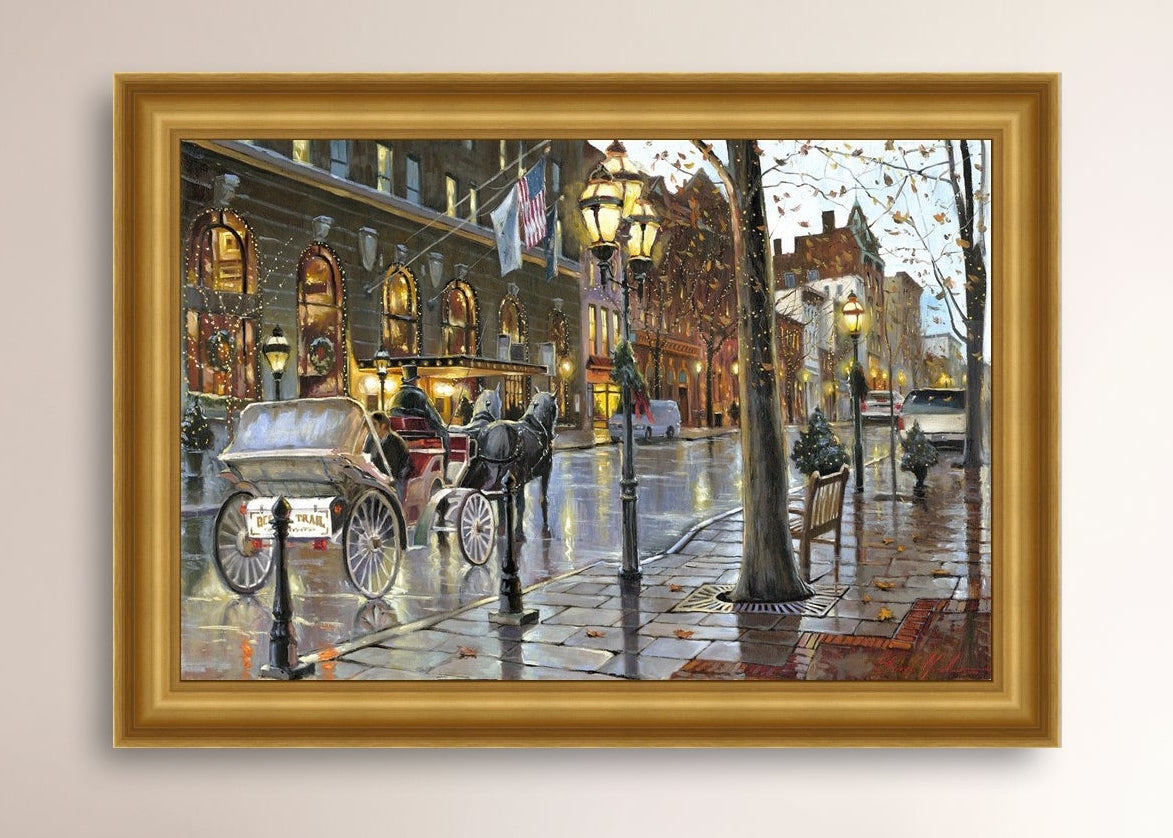 A canvas print depicting a Christmas scene with a horse-drawn carriage on a wet main street in Bethlehem with stores and Christmas lights in the background.