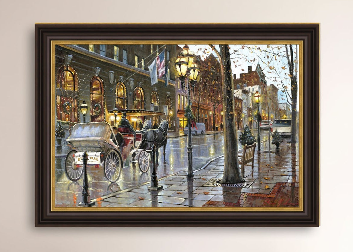 A canvas print depicting a Christmas scene with a horse-drawn carriage on a wet main street in Bethlehem with stores and Christmas lights in the background.
