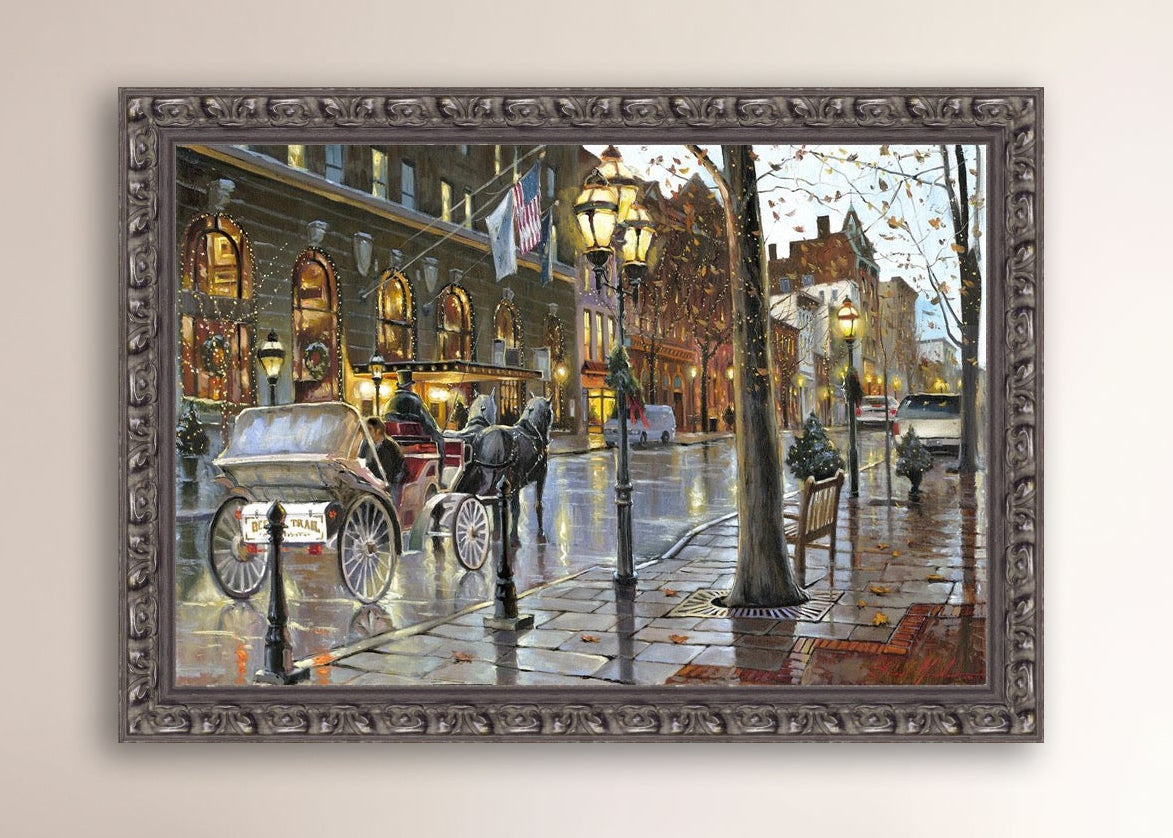 A canvas print depicting a Christmas scene with a horse-drawn carriage on a wet main street in Bethlehem with stores and Christmas lights in the background.
