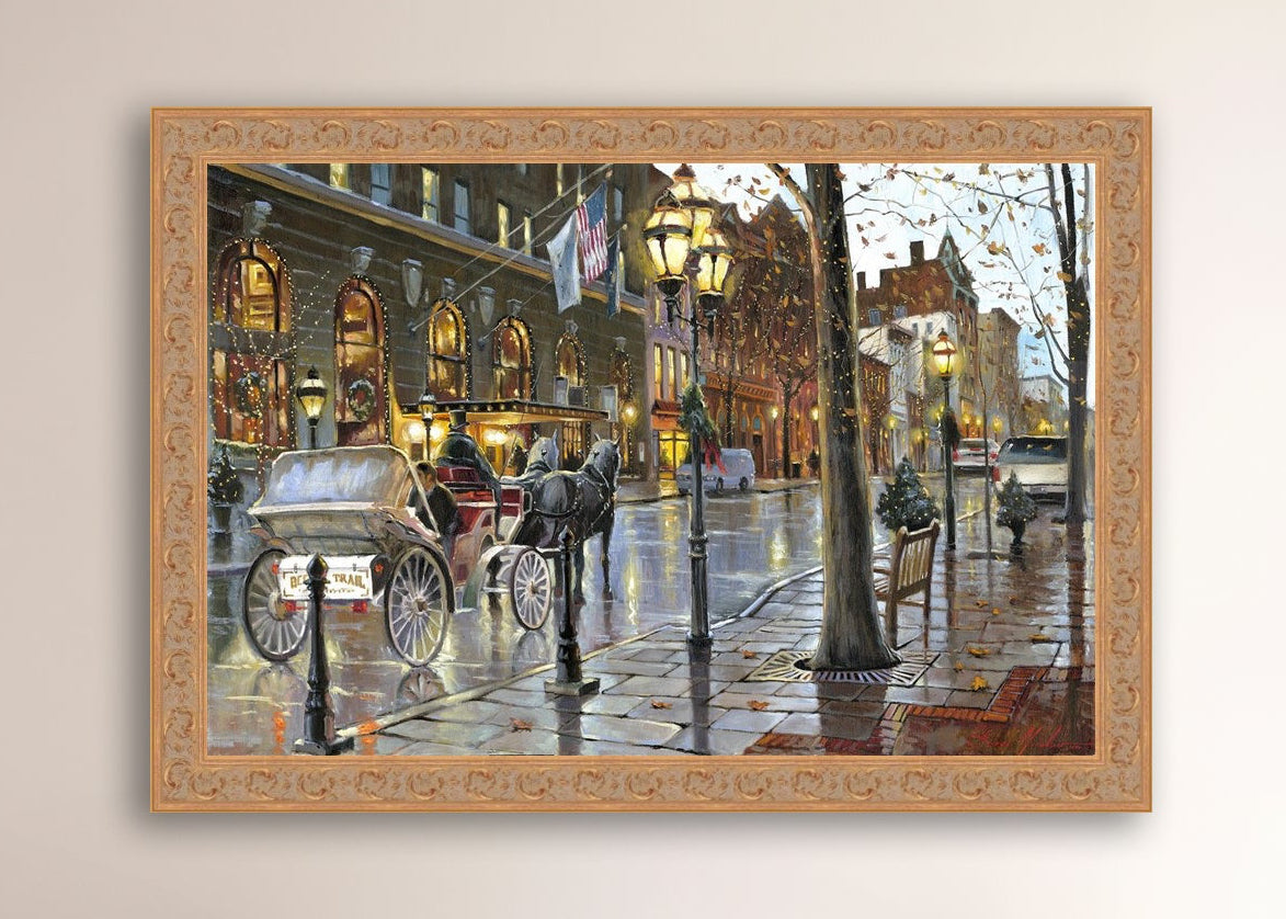 A canvas print depicting a Christmas scene with a horse-drawn carriage on a wet main street in Bethlehem with stores and Christmas lights in the background.