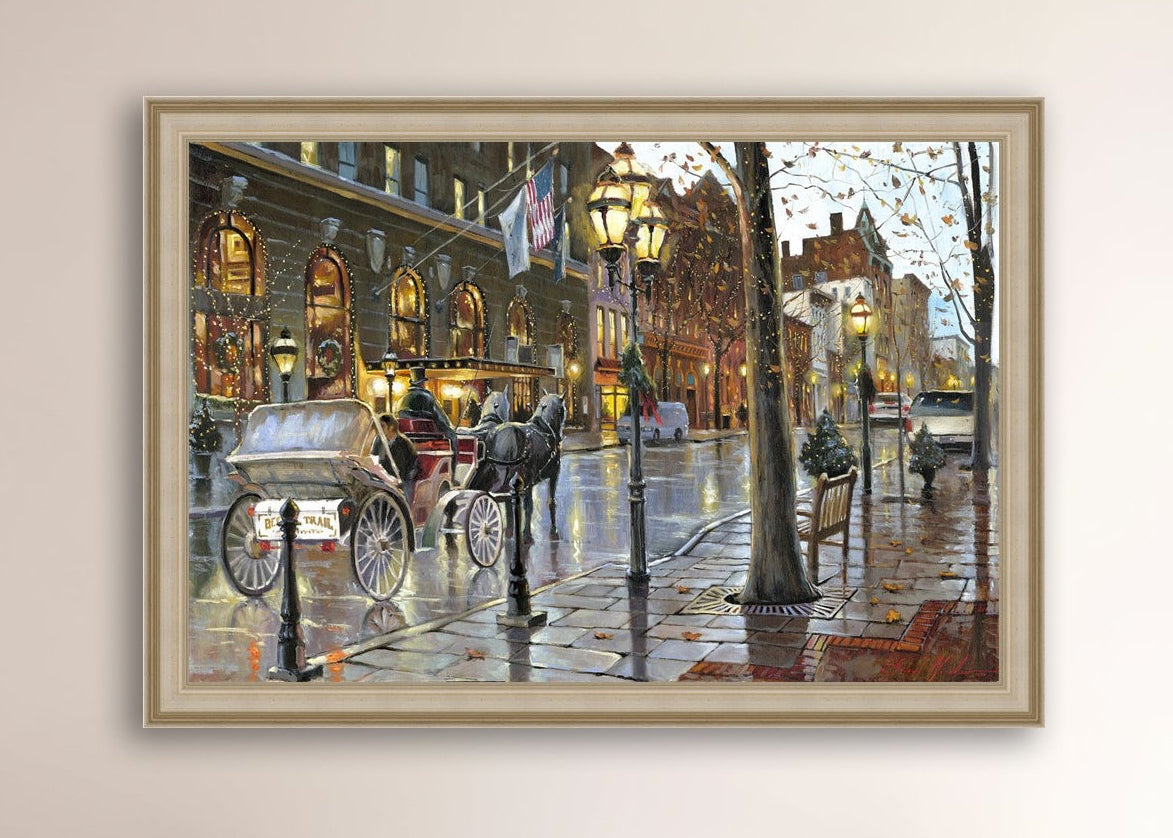 A canvas print depicting a Christmas scene with a horse-drawn carriage on a wet main street in Bethlehem with stores and Christmas lights in the background.