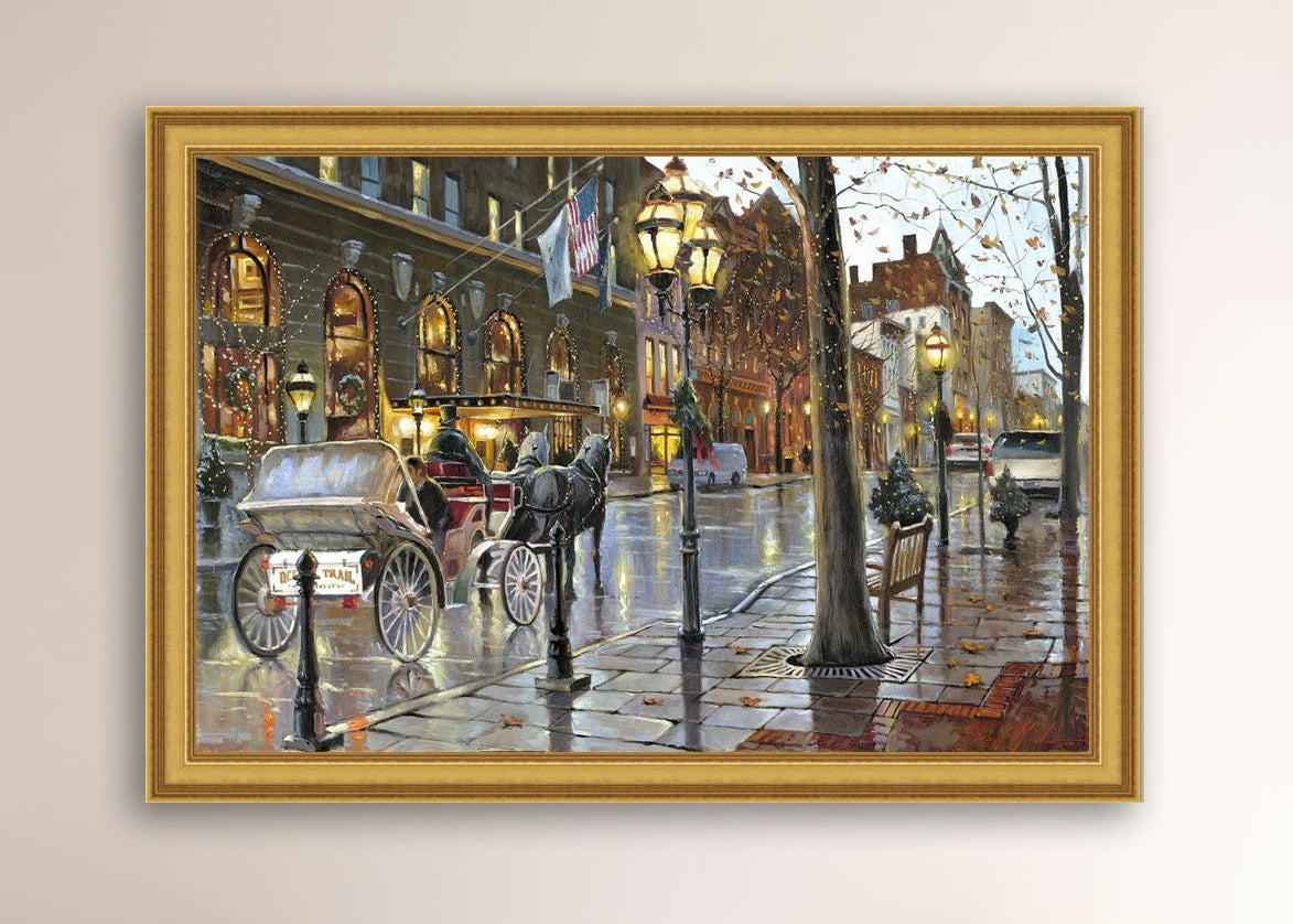 A canvas print depicting a Christmas scene with a horse-drawn carriage on a wet main street in Bethlehem with stores and Christmas lights in the background.