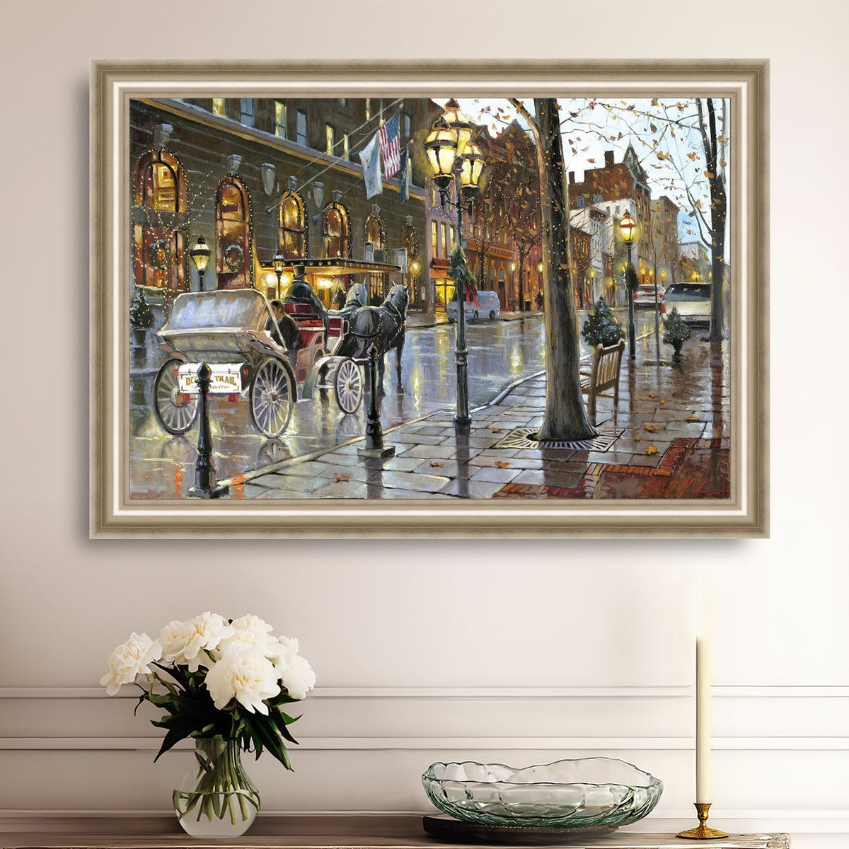 A canvas print depicting a Christmas scene with a horse-drawn carriage on a wet main street in Bethlehem with stores and Christmas lights in the background.