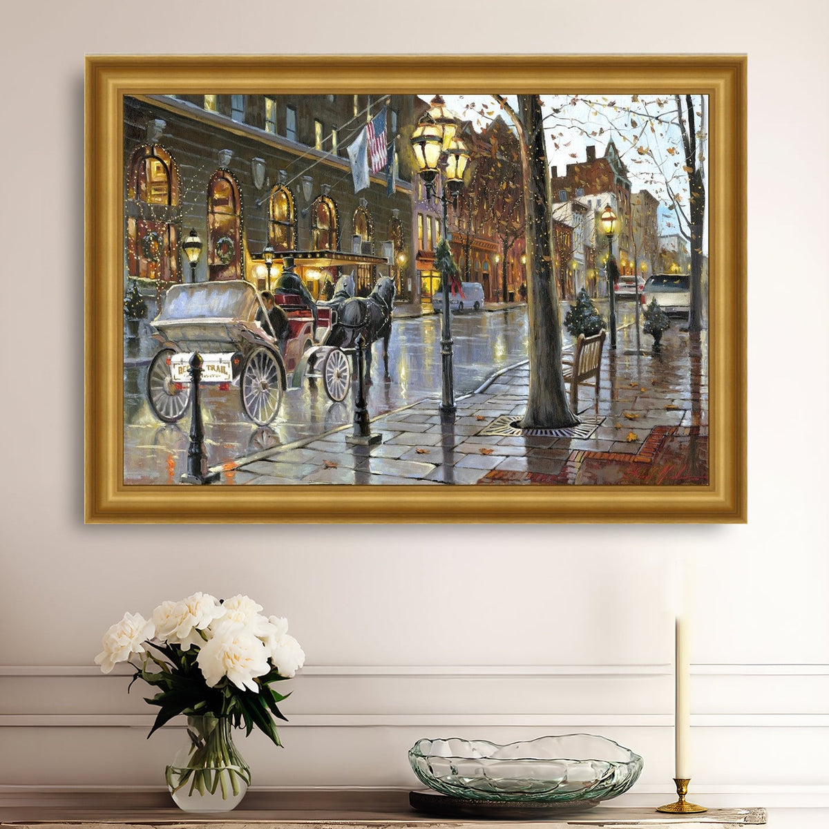 A canvas print depicting a Christmas scene with a horse-drawn carriage on a wet main street in Bethlehem with stores and Christmas lights in the background.