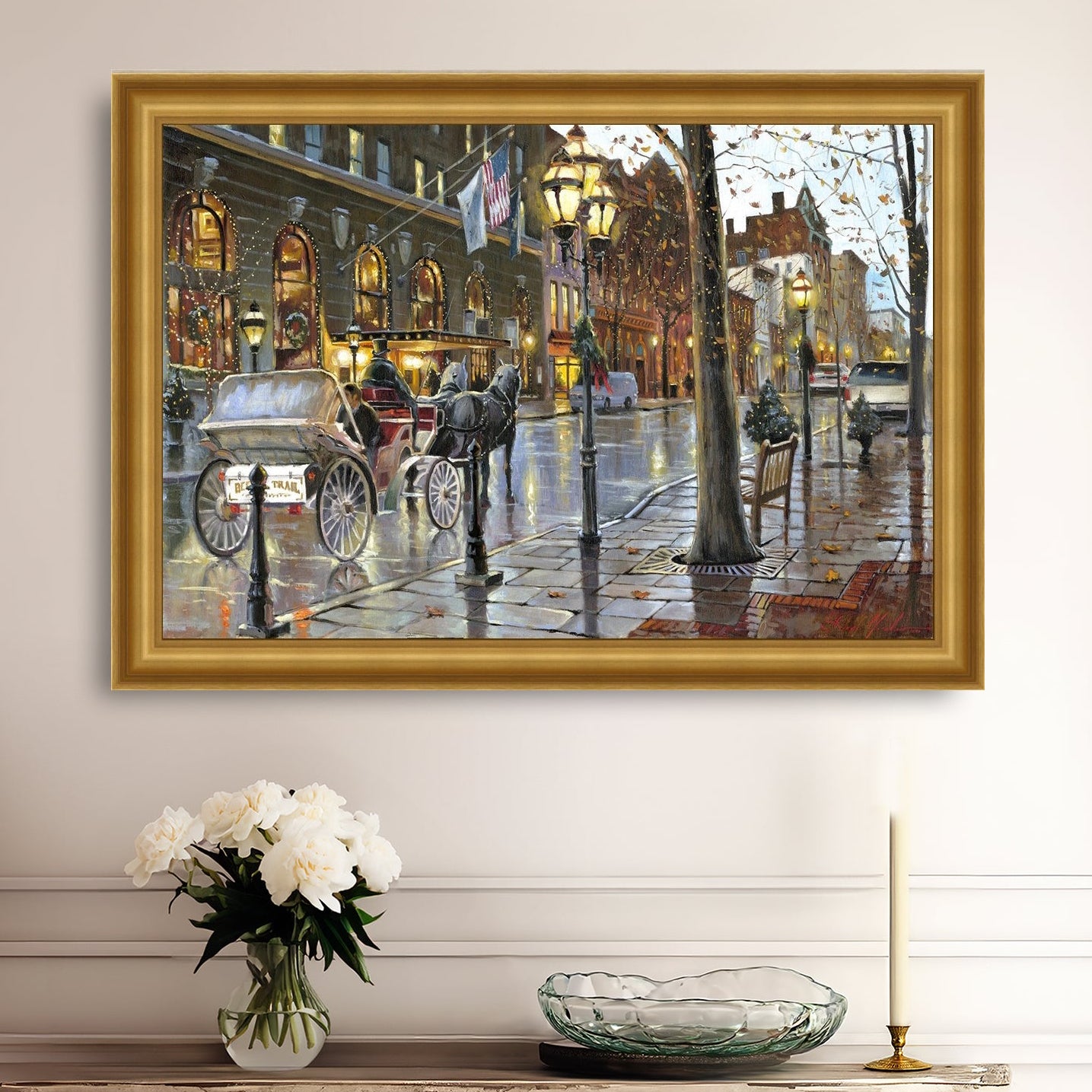A canvas print depicting a Christmas scene with a horse-drawn carriage on a wet main street in Bethlehem with stores and Christmas lights in the background.
