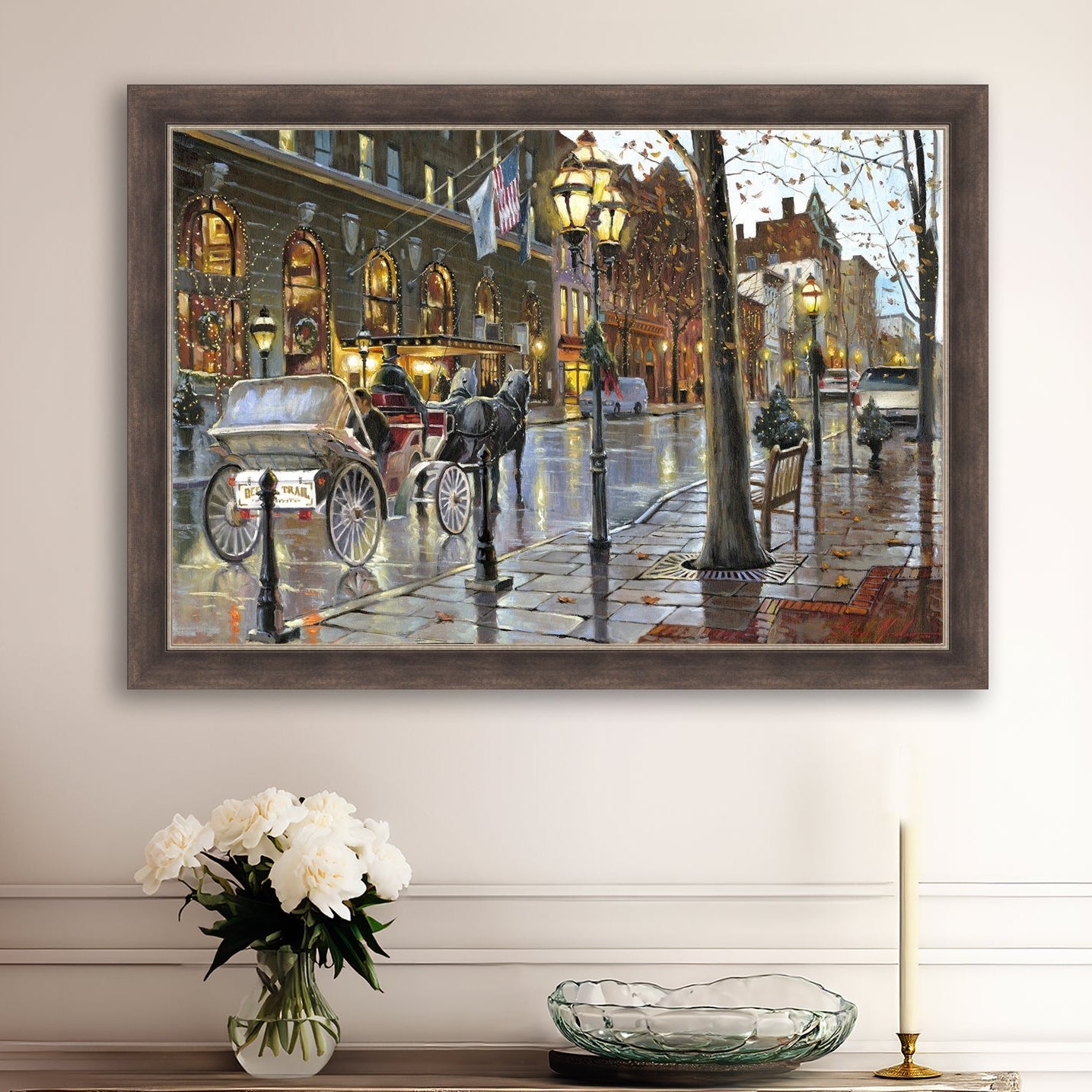 A canvas print depicting a Christmas scene with a horse-drawn carriage on a wet main street in Bethlehem with stores and Christmas lights in the background.