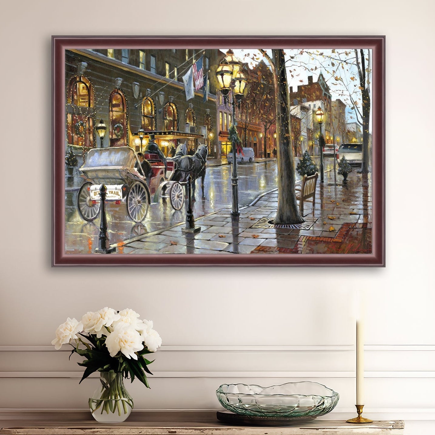 A canvas print depicting a Christmas scene with a horse-drawn carriage on a wet main street in Bethlehem with stores and Christmas lights in the background.
