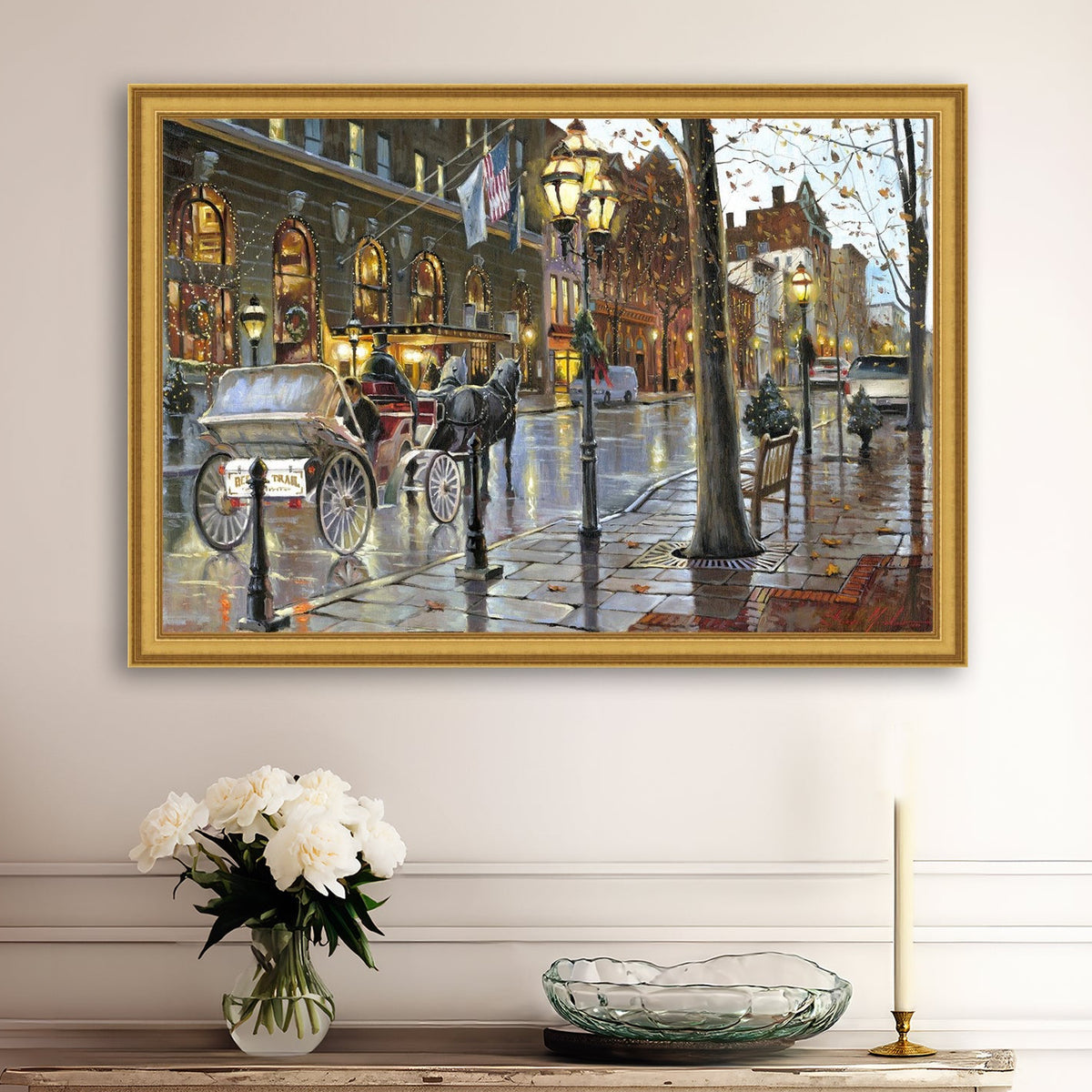 A canvas print depicting a Christmas scene with a horse-drawn carriage on a wet main street in Bethlehem with stores and Christmas lights in the background.