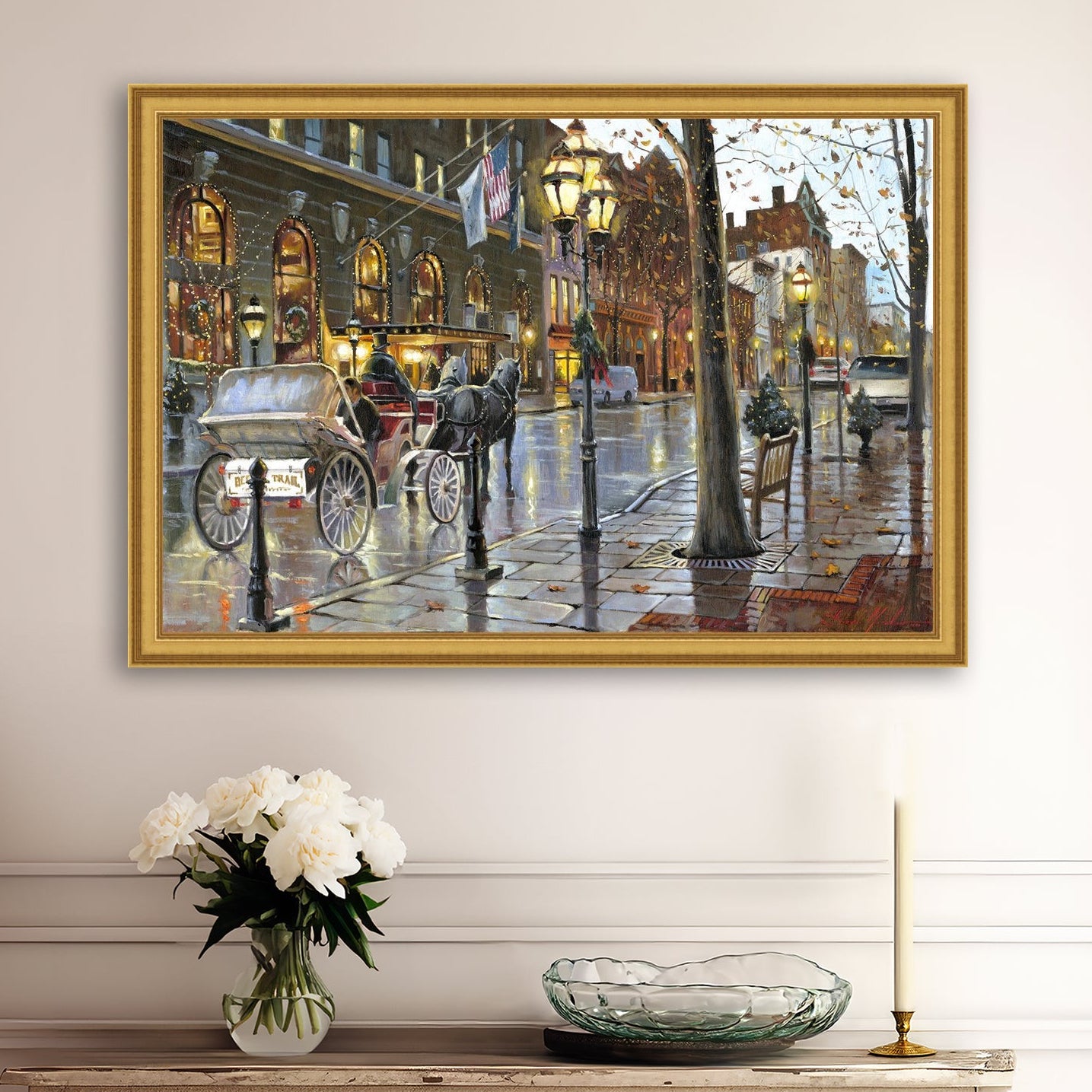 A canvas print depicting a Christmas scene with a horse-drawn carriage on a wet main street in Bethlehem with stores and Christmas lights in the background.