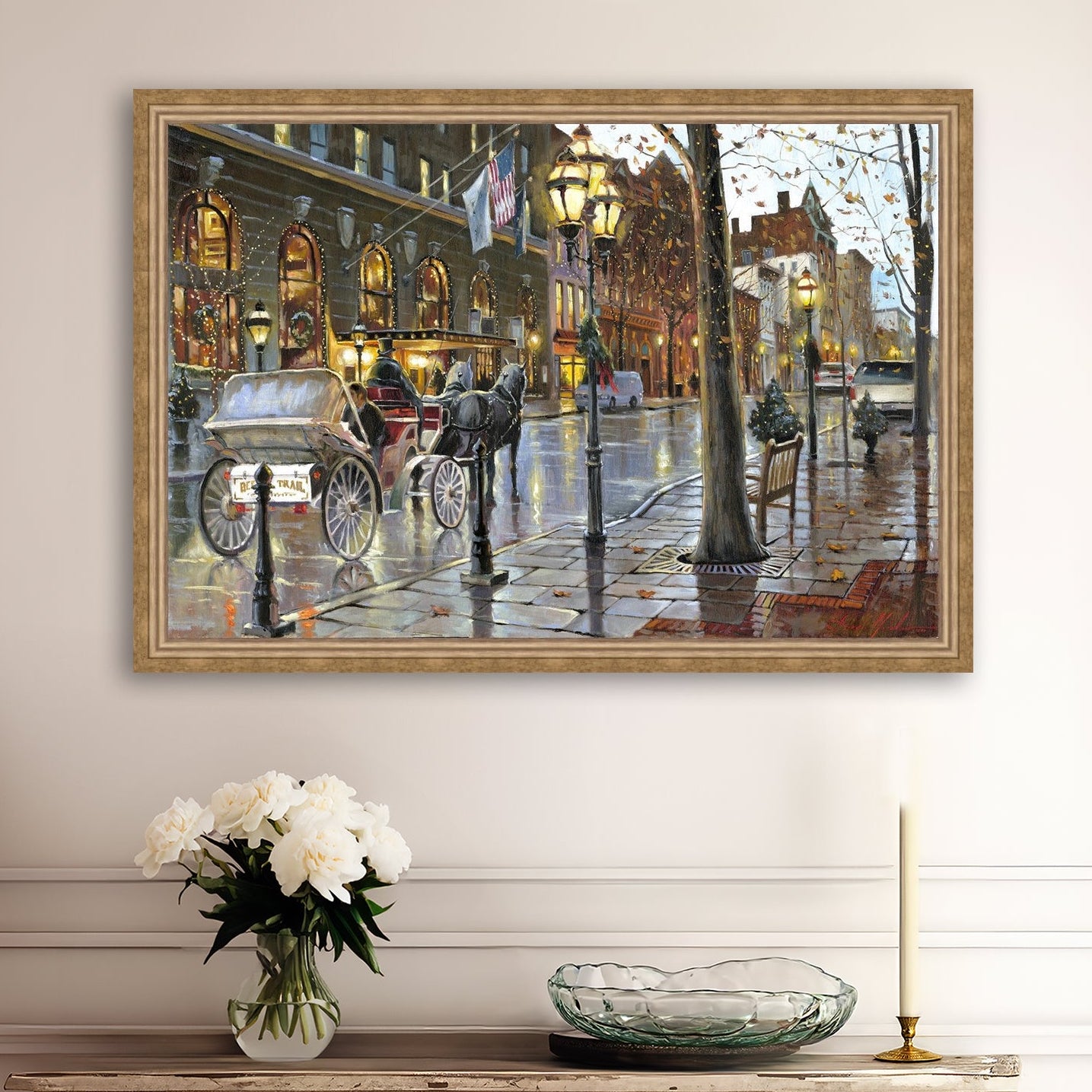 A canvas print depicting a Christmas scene with a horse-drawn carriage on a wet main street in Bethlehem with stores and Christmas lights in the background.