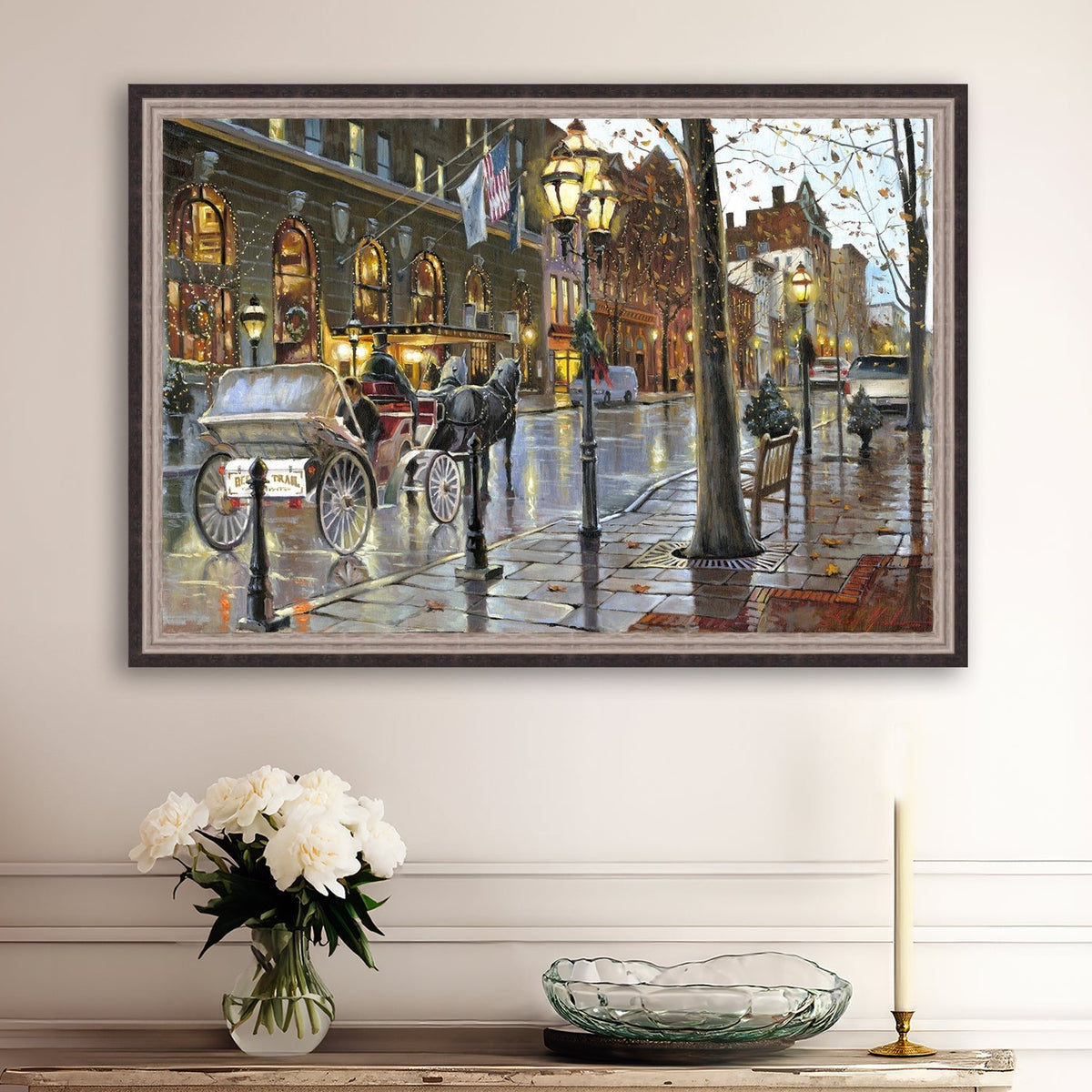 A canvas print depicting a Christmas scene with a horse-drawn carriage on a wet main street in Bethlehem with stores and Christmas lights in the background.