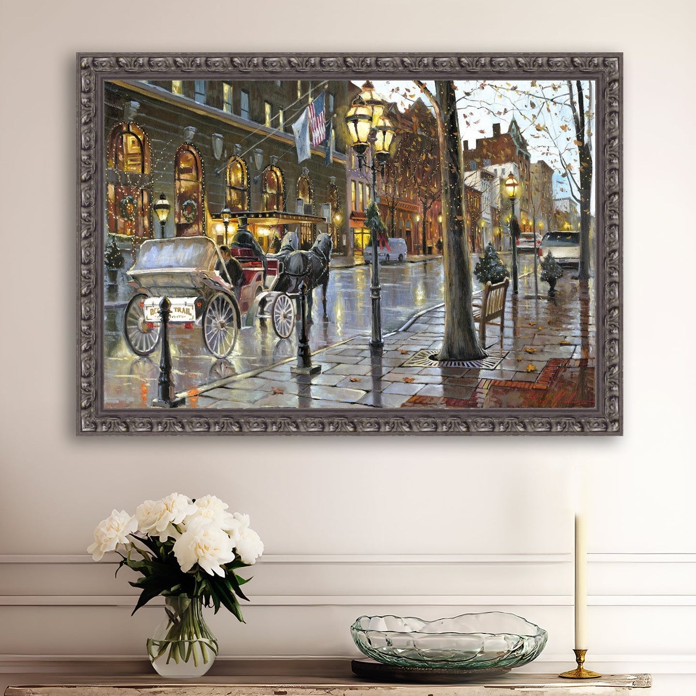 A canvas print depicting a Christmas scene with a horse-drawn carriage on a wet main street in Bethlehem with stores and Christmas lights in the background.
