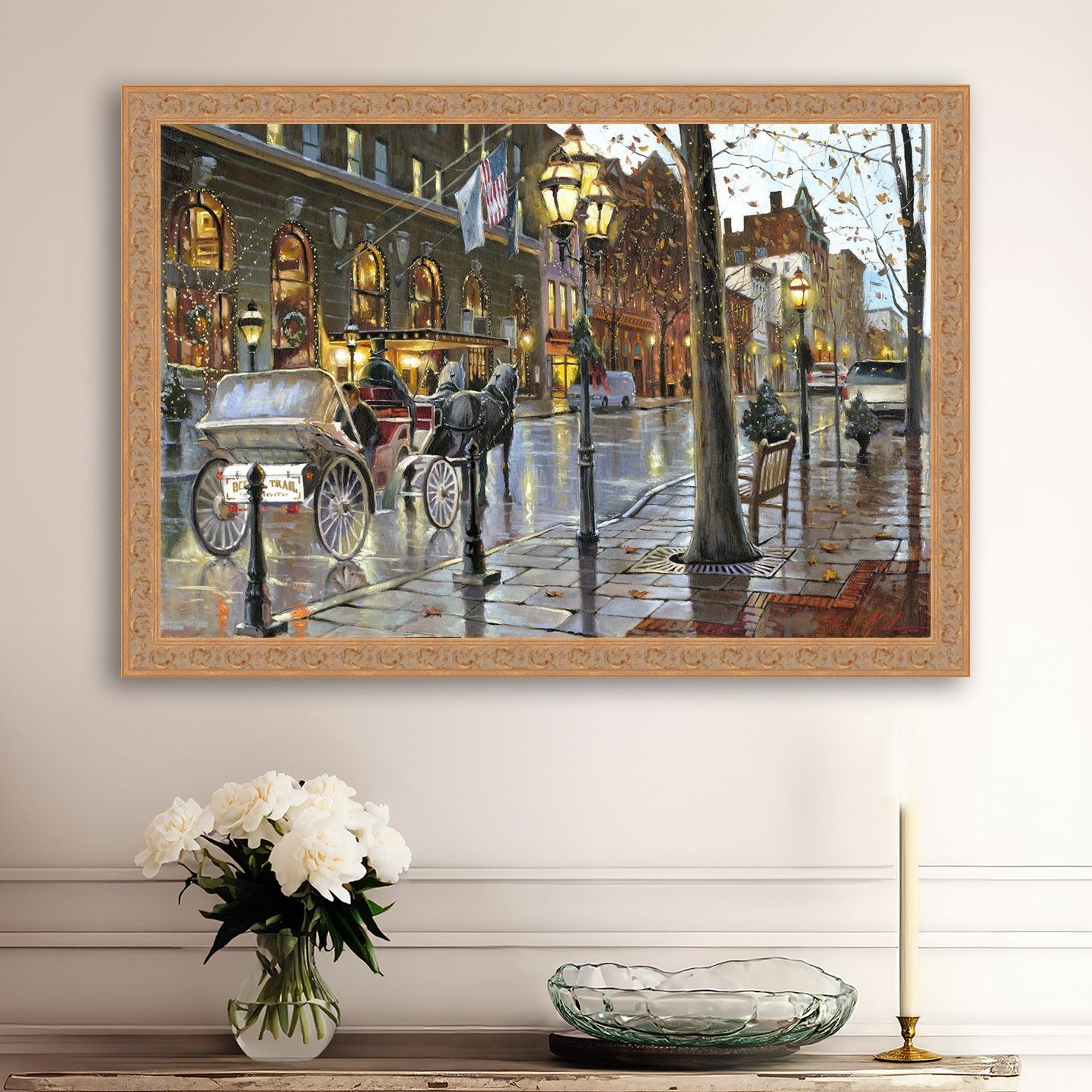 A canvas print depicting a Christmas scene with a horse-drawn carriage on a wet main street in Bethlehem with stores and Christmas lights in the background.