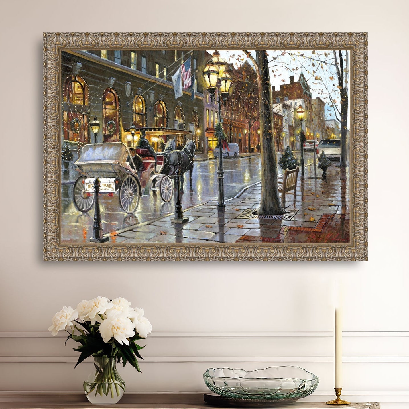 A canvas print depicting a Christmas scene with a horse-drawn carriage on a wet main street in Bethlehem with stores and Christmas lights in the background.