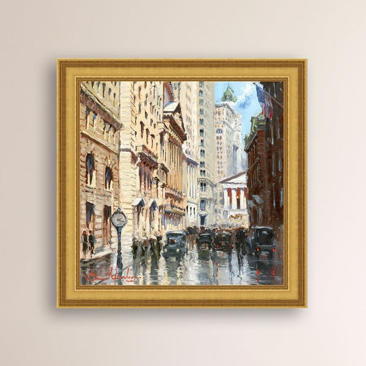 A canvas print depicting a vibrant street scene in New York City with a focus on a stock exchange building