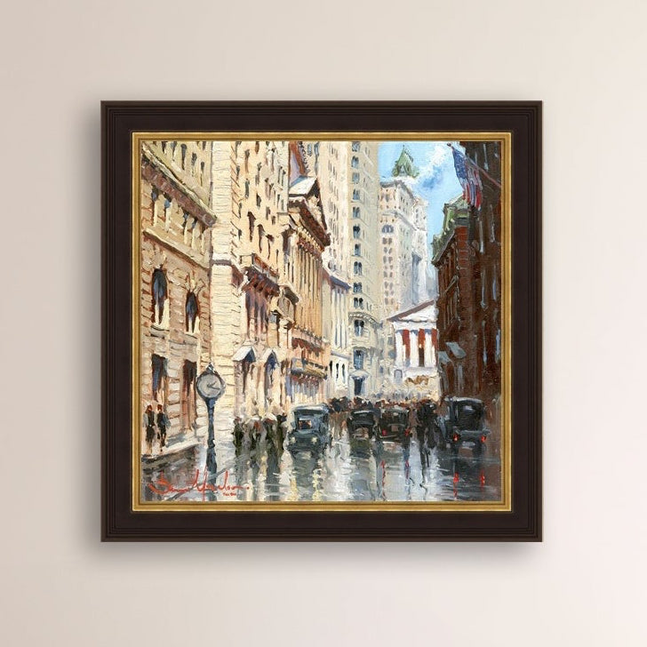 A canvas print depicting a vibrant street scene in New York City with a focus on a stock exchange building