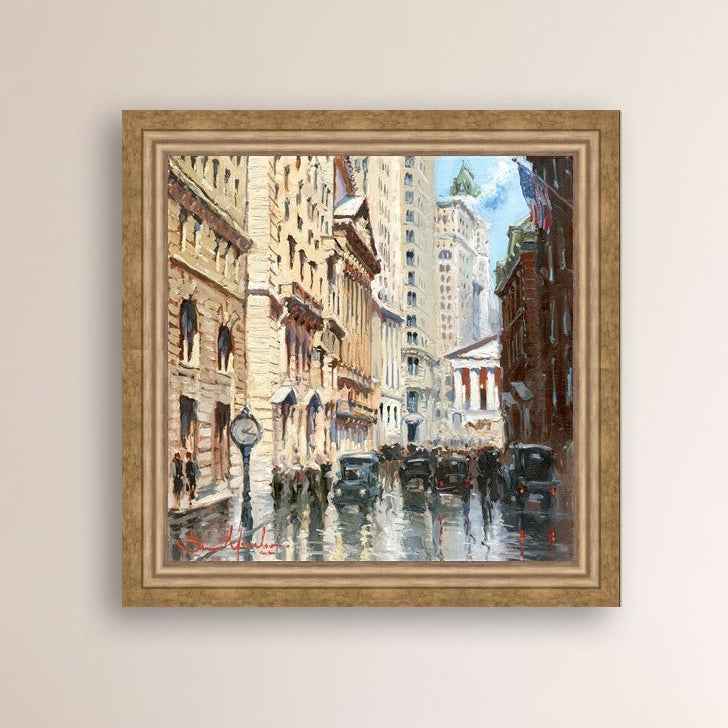 A canvas print depicting a vibrant street scene in New York City with a focus on a stock exchange building