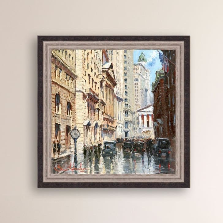 A canvas print depicting a vibrant street scene in New York City with a focus on a stock exchange building