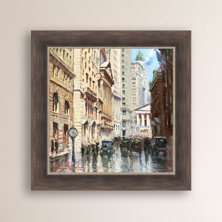 A canvas print depicting a vibrant street scene in New York City with a focus on a stock exchange building