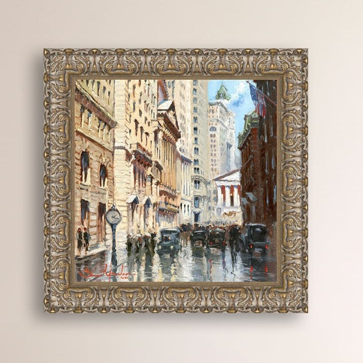 A canvas print depicting a vibrant street scene in New York City with a focus on a stock exchange building