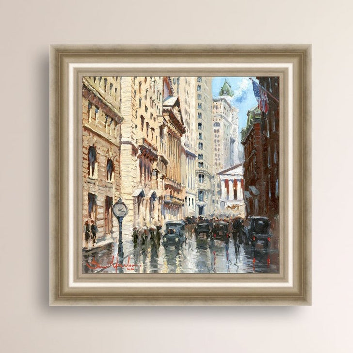 A canvas print depicting a vibrant street scene in New York City with a focus on a stock exchange building