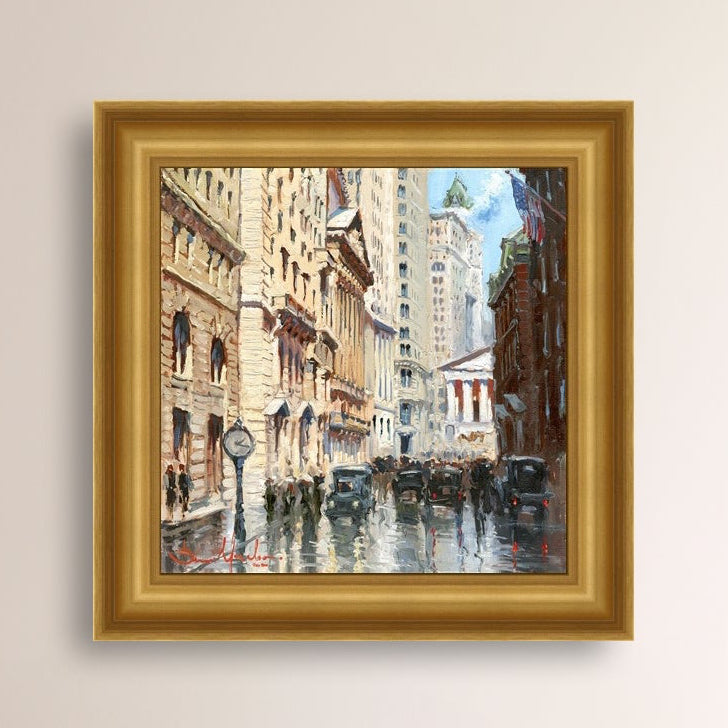 A canvas print depicting a vibrant street scene in New York City with a focus on a stock exchange building