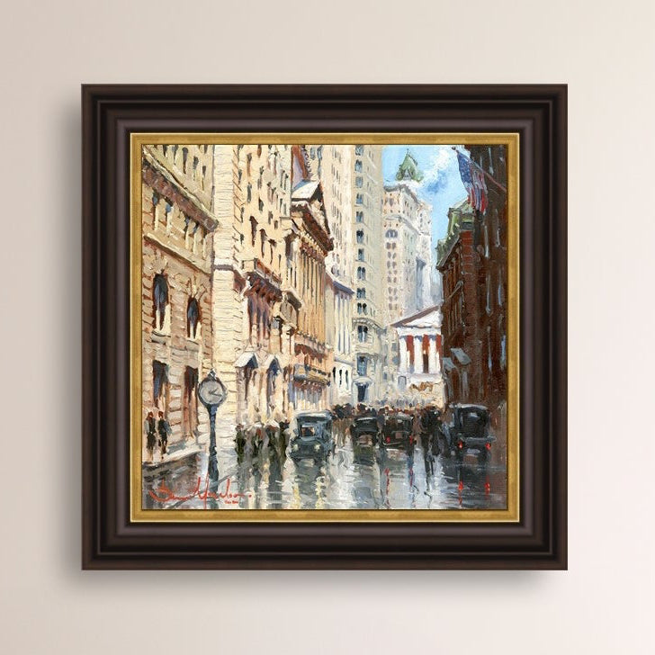 A canvas print depicting a vibrant street scene in New York City with a focus on a stock exchange building