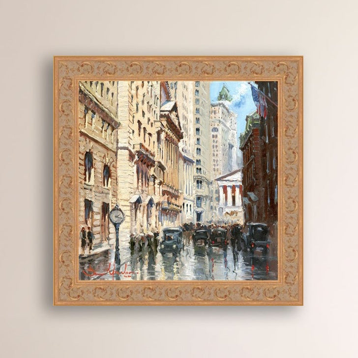 A canvas print depicting a vibrant street scene in New York City with a focus on a stock exchange building