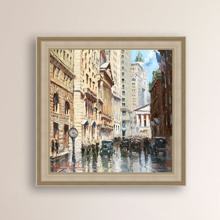 A canvas print depicting a vibrant street scene in New York City with a focus on a stock exchange building