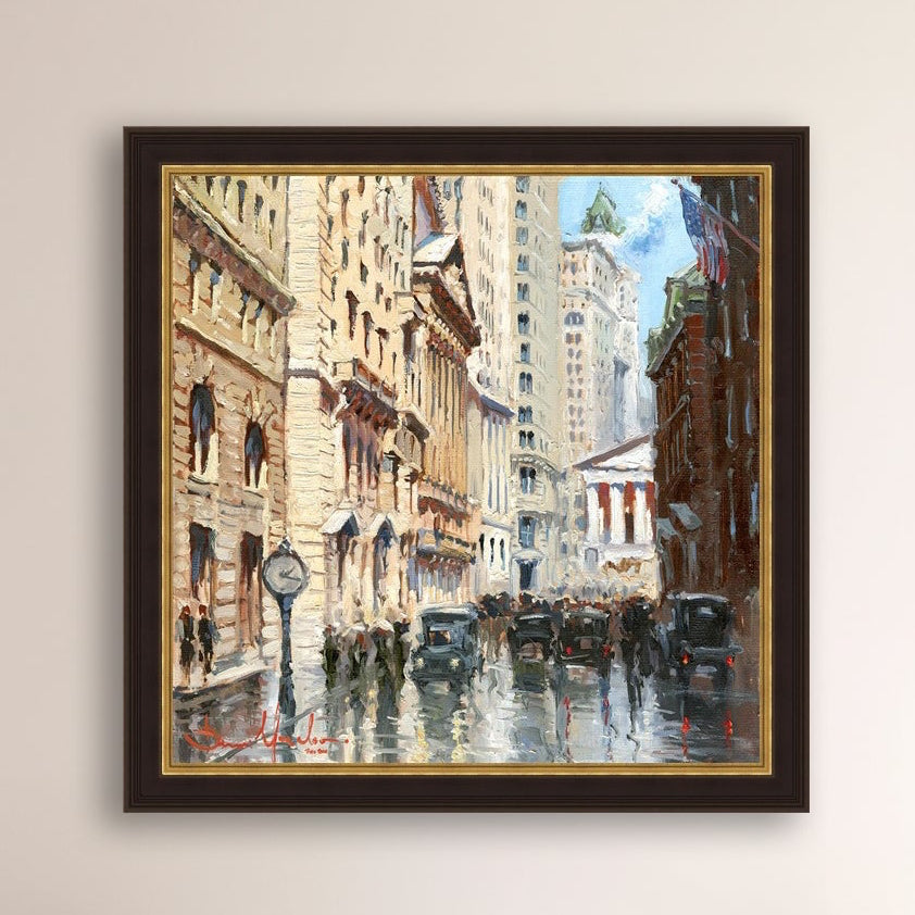 A canvas print depicting a vibrant street scene in New York City with a focus on a stock exchange building